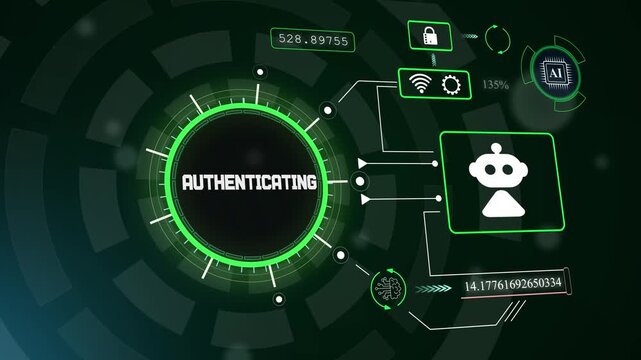 Advanced authenticating interface with robotic assistant for automated identity verification and secure network access control, hud animation