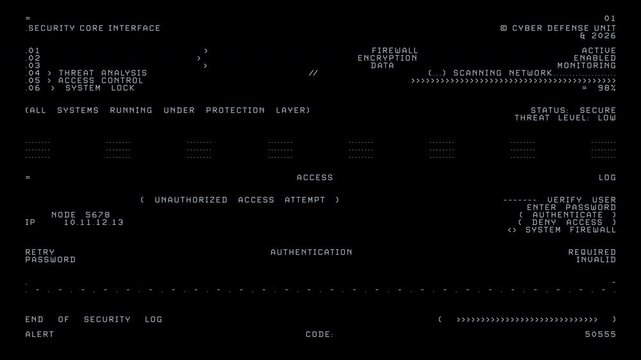 Cybersecurity Hacker Terminal Interface with Data Encryption and Unauthorized Access System Log. perfect for cybersecurity branding, software development visuals, and sci-fi digital art projects.
