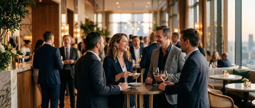 Business Professionals Networking and Socializing at a Corporate Event or Party.