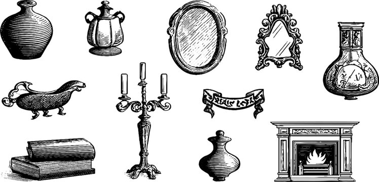 Assorted vintage decorative vessels and fireplace elements on white