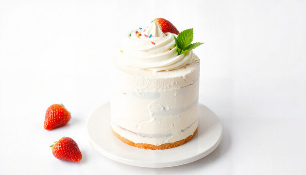 Delicious white cake with strawberries and cream on a plate  