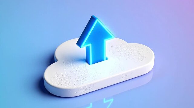 Minimalist 3D cloud upload icon animation, smooth matte ceramic cloud with subtle micro texture, glowing neon blue upward arrow emerging from inside, floating above a soft pastel gradient plane