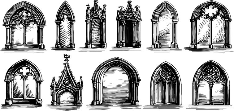 Gothic window arches arranged as architectural sketches