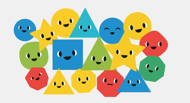 Cute cartoon shapes with faces, learning shapes for kids, colorful geometric characters
