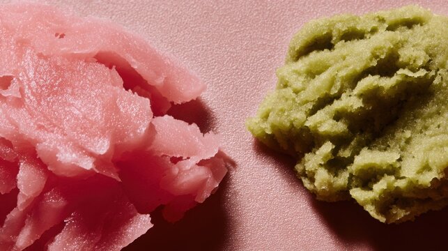 minimalist composition of pink pickled ginger and green wasabi paste, Japanese food styling, macro texture detail, cold aesthetic lighting