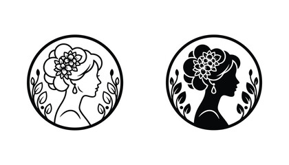 Elegant woman profile portrait inside circular frame with floral accents in outline and solid black silhouette styles for luxury branding and beauty logos © Sonali