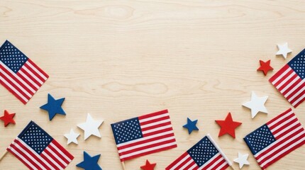 Obraz premium American flags and stars on wooden background for independence day celebration