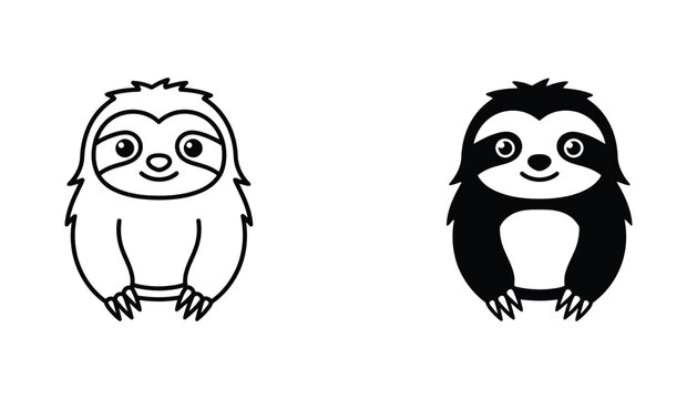 Cute sloth icon in line art and solid black silhouette style for animal character design or wildlife vector graphics