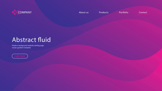 Modern abstract fluid background website landing page vector gradient template with wavy lines and buttons  read more  company logo  purple pink colors