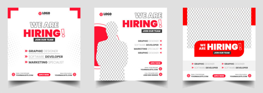 Modern hiring recruitment flyer designs featuring graphic designer software developer marketing specialist job openings transparent background
