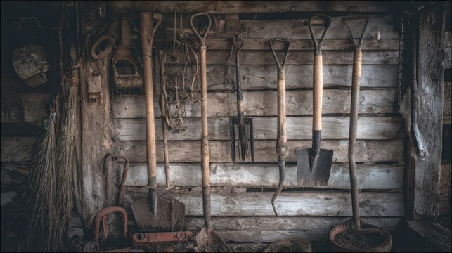old gardening tools wooden handles hanging on rustic shed wall worn textures vintage farm atmosphere