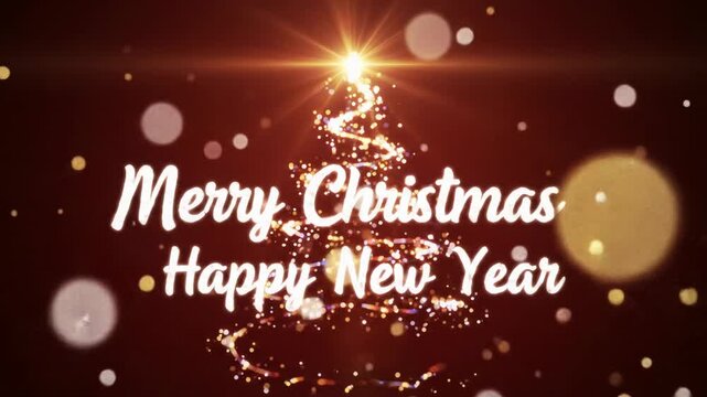 Luxurious motion graphic video: sparkling white line forms christmas tree, glowing 'merry christmas & happy new year' on ruby red with shimmering dust, elegant holiday greeting