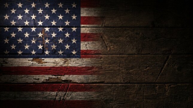 Vintage american flag on distressed wooden planks symbolizing patriotism and nostalgia in a rustic setting with warm lighting