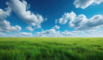 Obraz premium Vast green grassy field under a bright blue sky with scattered white clouds