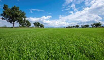 Fototapeta premium Lush green grass stretches towards a bright blue sky with fluffy white clouds