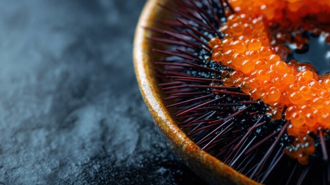 opened sea urchin with bright orange roe inside, macro detail, wet texture, cold ocean aesthetic, minimal composition