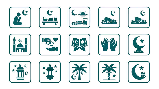 Set of Ramadan and Islamic religious icons in a flat vector style.
