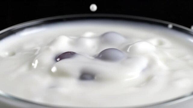 Creamy yogurt with fresh blueberry and red grape fruit in glass bowl, smooth texture and rich dairy snack, healthy breakfast or dessert option with natural ingredients and soft consistency