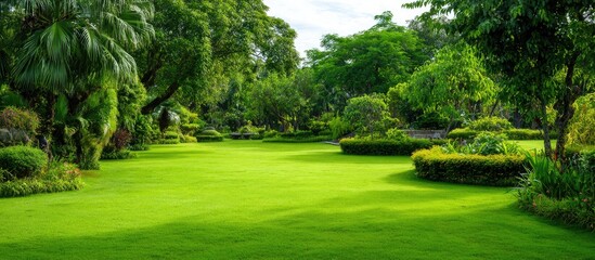Obraz premium Lush green lawn with manicured hedges and trees, a peaceful garden retreat