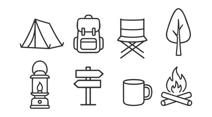 camping icons set with tent backpack chair tree lantern sign cup and campfire on transparent background © Наталья Перова