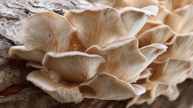 oyster mushrooms growing on fallen tree trunk forest macro natural texture detail soft light