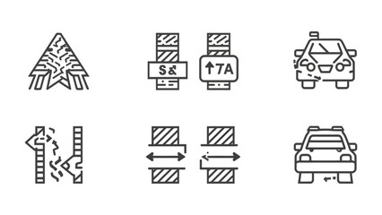 Fototapeta premium Road Signs and Vehicle Icons: A collection of concise line-art road signs and vehicle icons, meticulously crafted to guide, inform, and represent various aspects of transportation and safety.