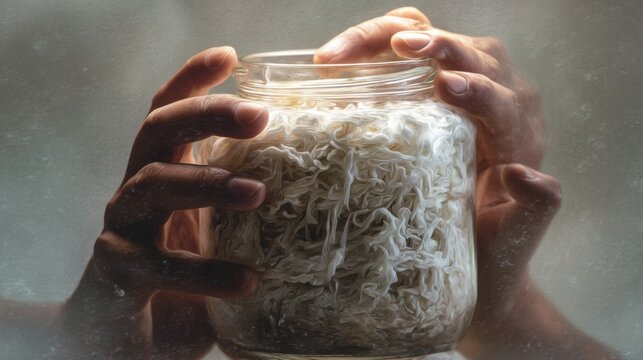 packing shredded cabbage tightly into jar fermentation process hands pressure texture realistic detail