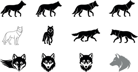 Fototapeta premium Vector Illustration of Walking Wolves, Wolf Faces, Silhouettes, and Logo Designs in Black and White
