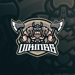 Fototapeta premium Viking mascot logo design vector. Viking illustration with axe in hand.
