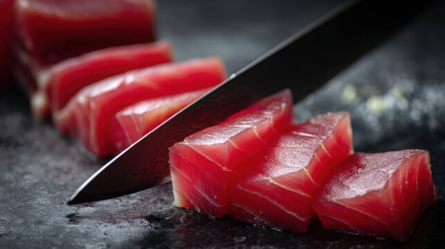 perfect thin sashimi slices of tuna being cut with long Japanese knife, extreme precision, macro food photography, cold minimalist aesthetic