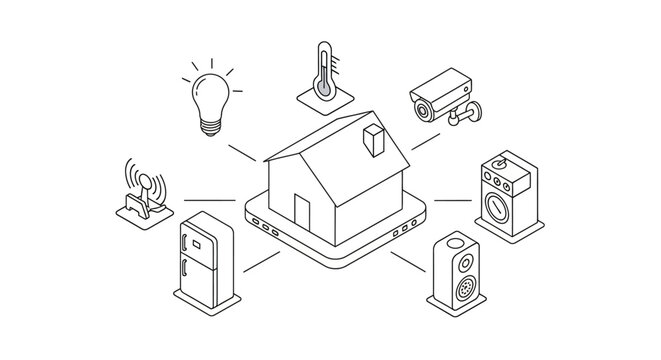 An isometric vector illustration showcases a smart home system, connecting various electronic devices such as a refrigerator, speaker, and security camera to a central hub, set