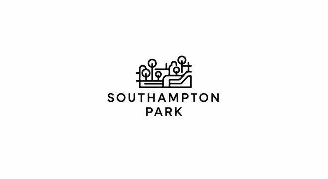 Stylized park outline with trees and path, text below