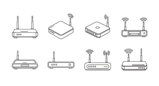 A collection of gray line drawings showing multiple wireless routers and access points with antennas and connections.