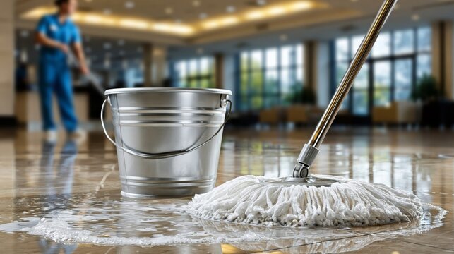 Cleaning professional in blue uniform mops shiny floor with a wet mop and metal bucket in a spacious, well-lit lobby area with large windows