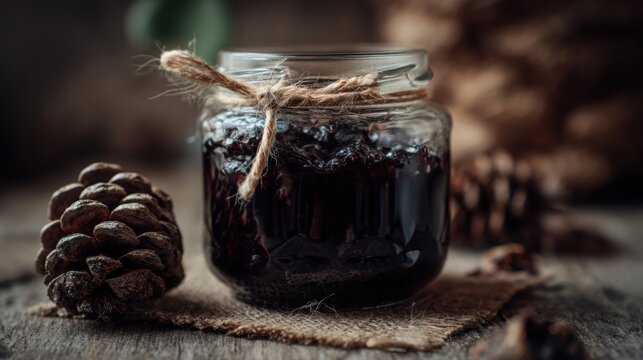 pine cone jam in glass jar dark syrup macro texture unusual rustic food natural light