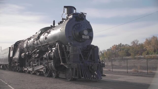 Front Angle View of Santa Fe 2912 Steam Locomotive in Pueblo Colorado USA