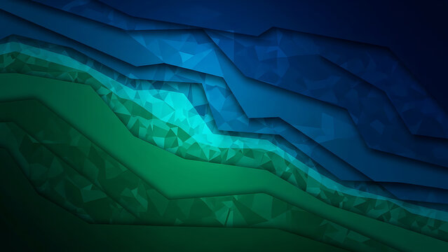 Layered abstract blue and green background with digital art, color gradient