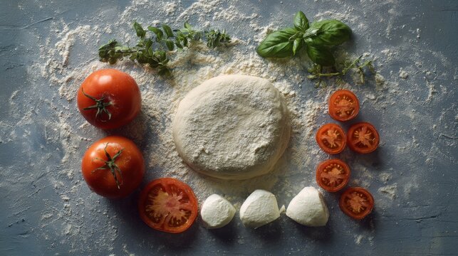 pizza ingredients flour tomatoes mozzarella basil arranged circle flat lay natural textures realism