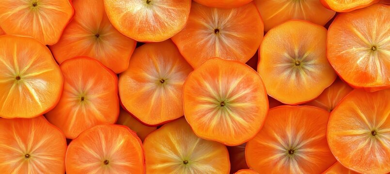 Photorealistic Flatlay of Bright Orange Sliced Diospyros Kaki with Star Fruit in Warm Light