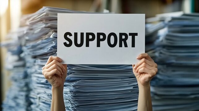 Hand Holding Support Sign Amidst Stacked Files and Paperwork, Requesting Assistance for Overload