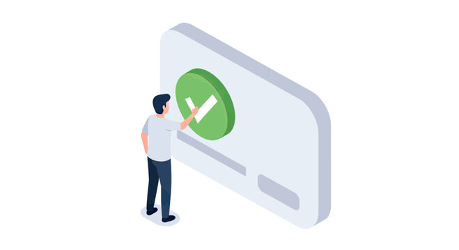 Isometric Man Confirming Task Completion or Success with a Large Green Checkmark Icon on Digital Interface