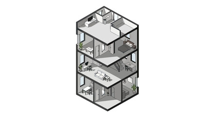 Fototapeta premium Isometric 3D Cutaway View of a Multi-Story Modern House with Interior Room Layout and Furniture
