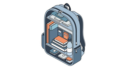 Fototapeta premium Isometric Vector Illustration of an Open Backpack Packed with School Supplies, Books, Notebooks, and a Water Bottle