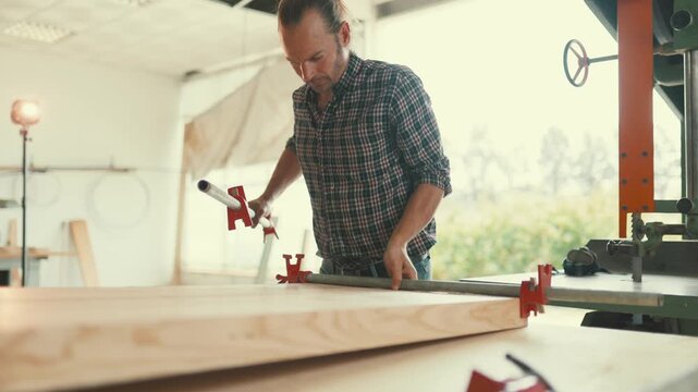 Carpenter clamping glued wood planks together
