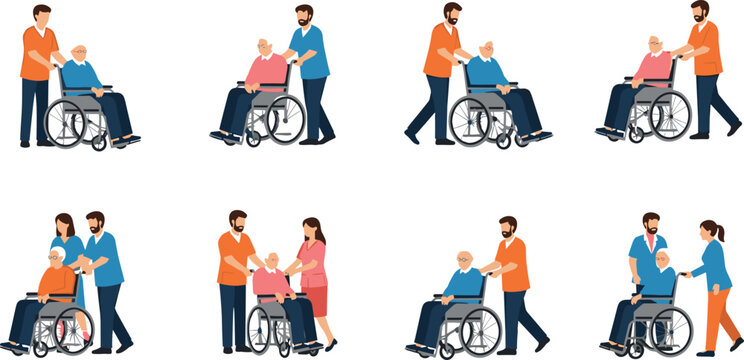 Wheelchair Assistance by Caregivers for Seniors, Elderly Mobility Aid, Healthcare and Support Vector Illustrations