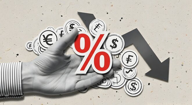 Human hand holds a prominent red percentage sign among illustrated coins and arrows symbolizing dropping interest rates and economic decline