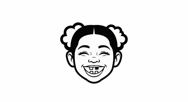 A stylized black and white cartoon face of a young girl with pigtails