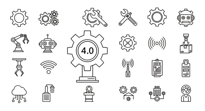 Set of line icons representing Industry 4.0, automation, machinery and digital technology elements.