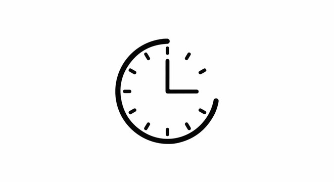 Stylized black clock face with hands indicating approximately 3 o'clock