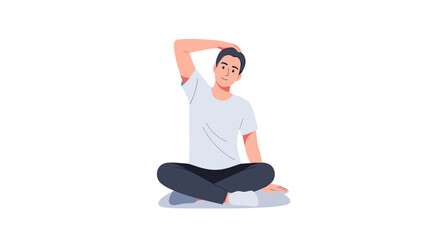Fototapeta premium Young man sitting cross-legged and performing neck stretch exercises for wellness and flexibility